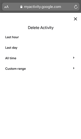 select date range to remove google products, location history, advertising profile, search page, search bar, data collection, ad settings, youtube search history, data personalization