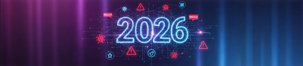 Digital 2026 graphic with cyber threat icons such as breach alerts, warning symbols, and malware icons glowing on a futuristic purple and blue background.