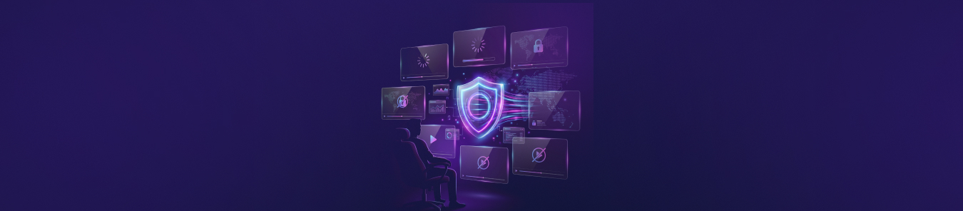 Purple-themed digital illustration showing a person sitting at a computer surrounded by floating screens and a glowing cybersecurity shield icon, representing online privacy, VPN protection, and secure streaming access.