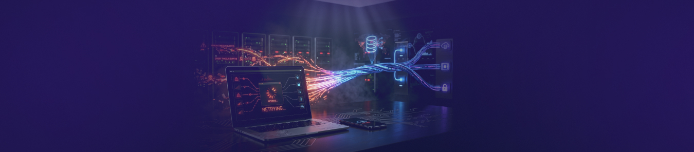 Illustration of a laptop showing a VPN connection error with “Retrying” on screen, as glowing data streams connect to secure servers in a dark futuristic network environment.