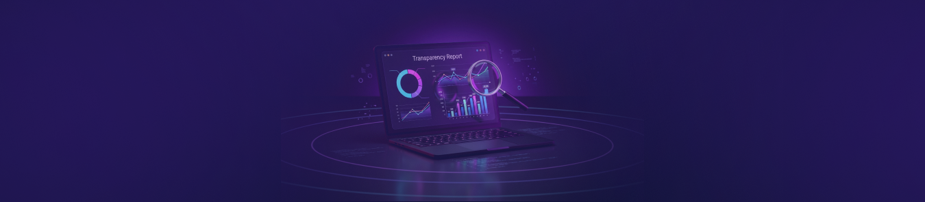 Illustration of a laptop displaying analytics charts and graphs for a transparency report, highlighted with a magnifying glass on a dark purple background.