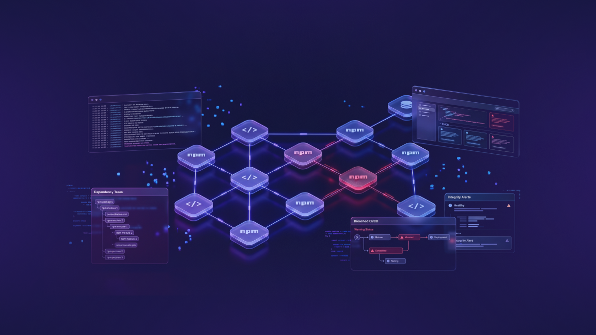 Illustration of a software supply-chain cyberattack targeting npm packages, GitHub Actions workflows, and CI/CD pipelines linked to the Grafana and TanStack breach.