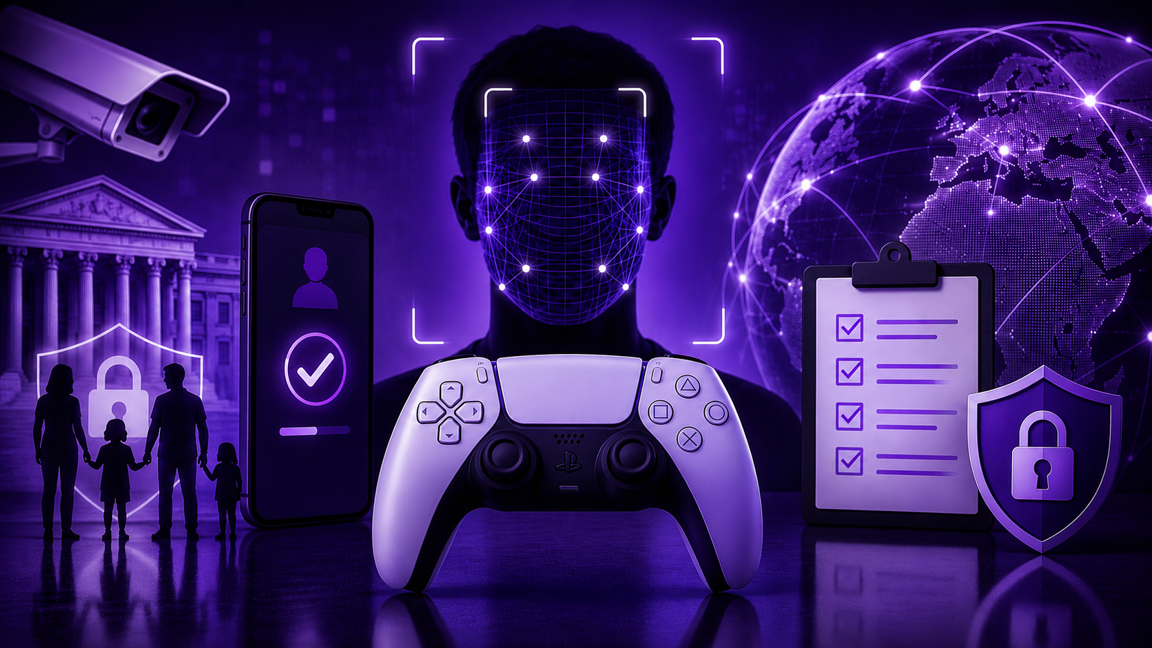 Digital illustration of a gamer facing biometric age verification with facial scan overlays, identity checks, and privacy-focused cybersecurity visuals in a royal purple theme.