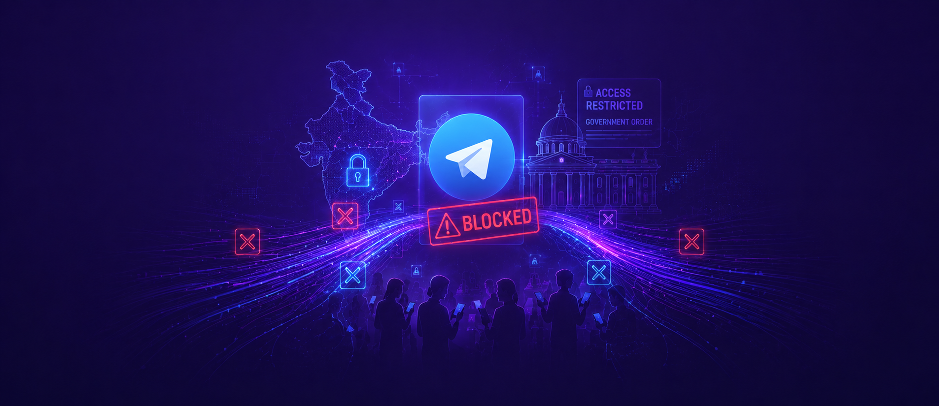 Futuristic illustration of Telegram being blocked in India, representing internet restrictions, digital access controls, and online privacy.