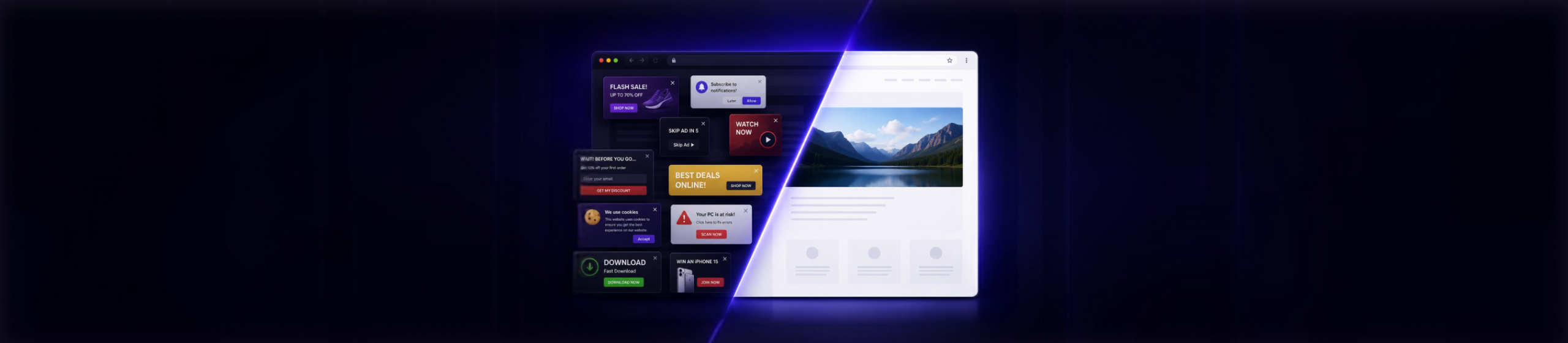 Split-screen browser showing a cluttered webpage filled with pop-ups and ads on the left, and a clean, distraction-free webpage on the right, against a dark purple background