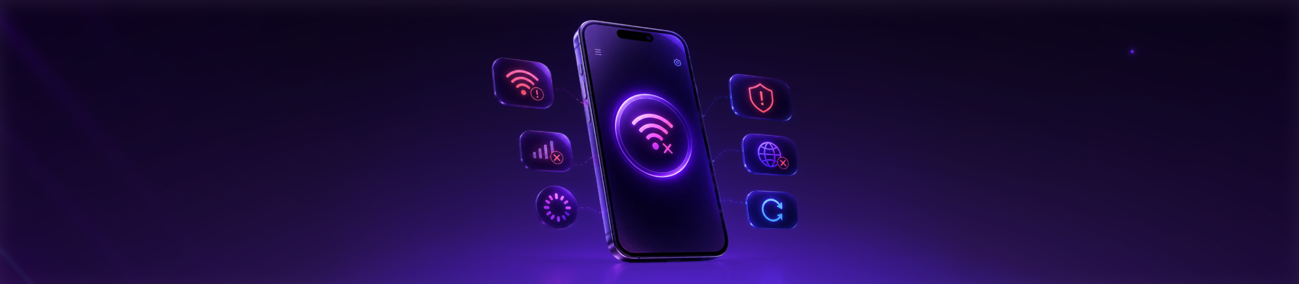 Purple smartphone showing a disconnected Wi-Fi symbol, surrounded by icons for weak signal, security alerts, no internet, loading, and reconnecting on a dark purple backgroun