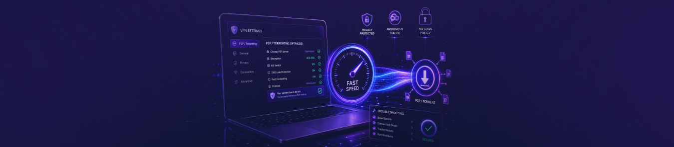Illustration of PureVPN settings for P2P and torrenting, featuring a VPN dashboard, fast speed indicator, secure download icon, and privacy protection features.