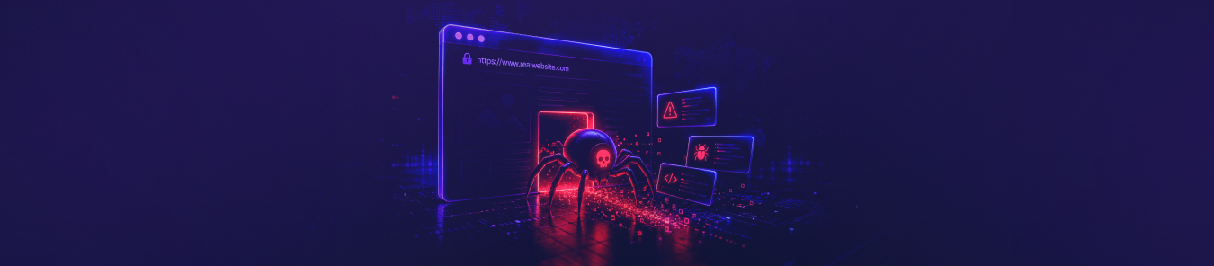 Neon illustration of a red malware spider emerging from a web browser, surrounded by warning and code panels on a dark blue background.