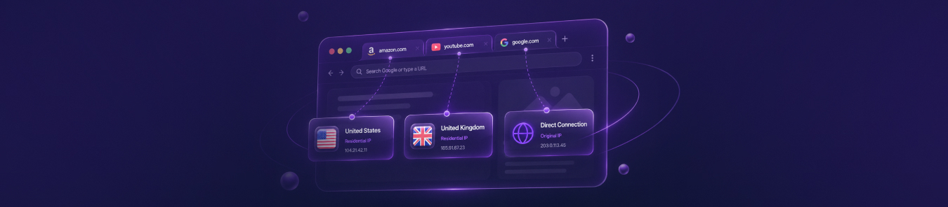 Illustration of PureVPN IP Per Tab assigning separate US and UK residential IPs and a direct connection to different Chrome tabs.