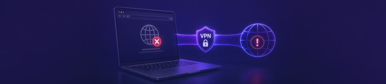A laptop showing a failed website connection, linked to a glowing VPN shield and warning icon against a dark purple background.