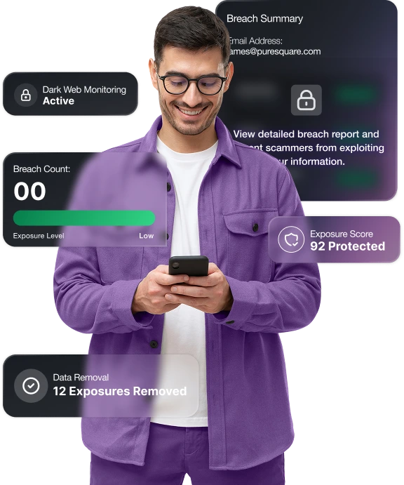 Identity theft protection dashboard overlays around a person using a phone