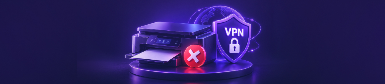 Purple neon illustration of a printer with a red error symbol beside a VPN shield and glowing globe, representing printer access issues while using a VPN.
