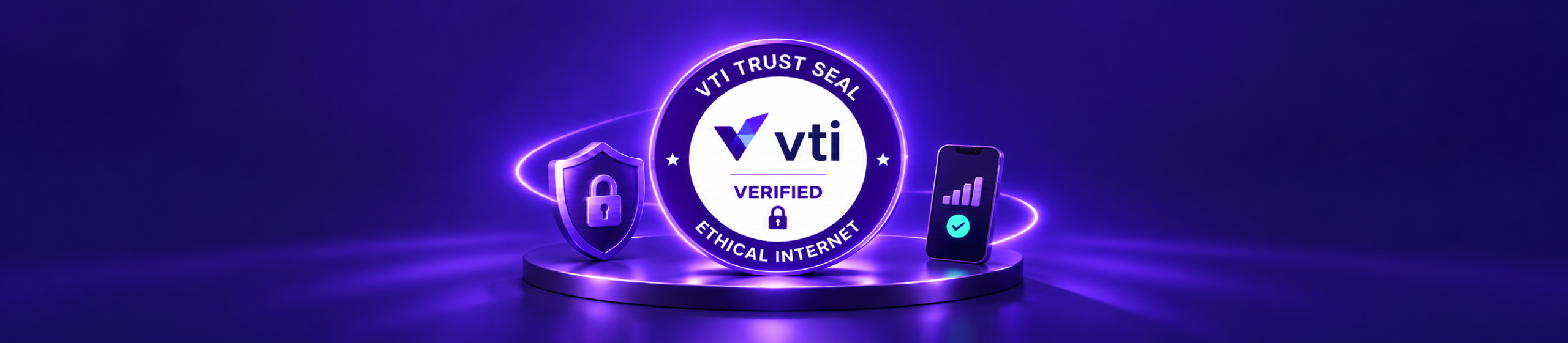 PureVPN 2026 VPN Trust Seal displayed on a glowing purple platform, with security shield and smartphone icons.