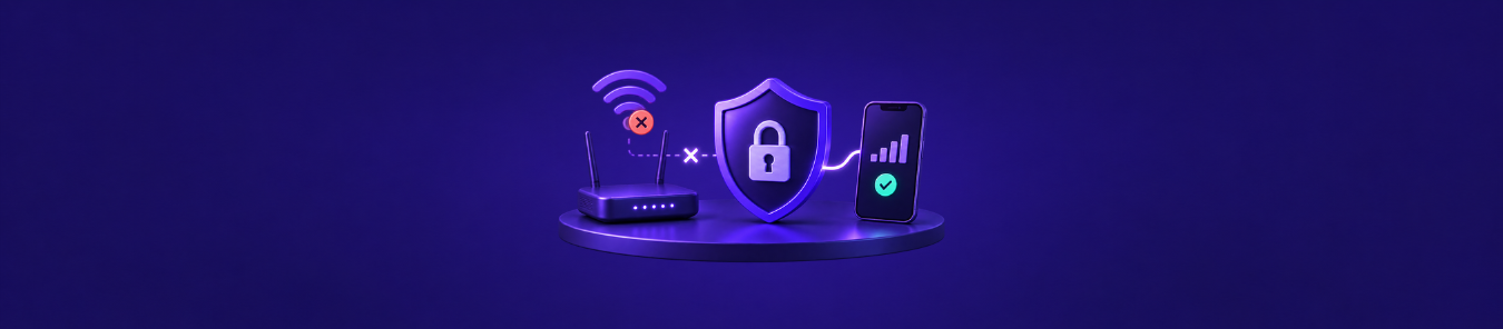 Purple PureVPN graphic showing a Wi-Fi router with a blocked connection, a secure shield lock, and a smartphone with a successful connection indicator.