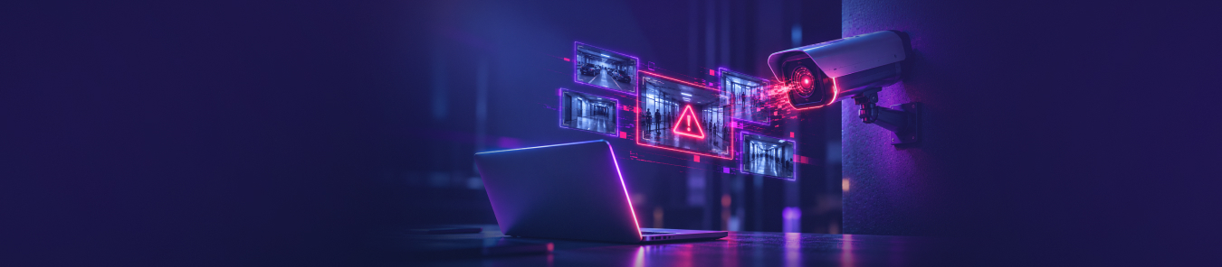 AI-powered cyberattack targeting a real-world security system, shown through a surveillance camera, laptop, and digital warning interface.