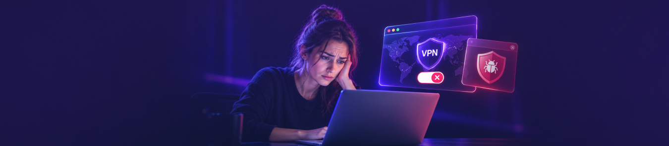 Purple themed banner showing a frustrated woman using a laptop, with a VPN connection error and antivirus warning icons illustrating a VPN conflict after installing antivirus software.