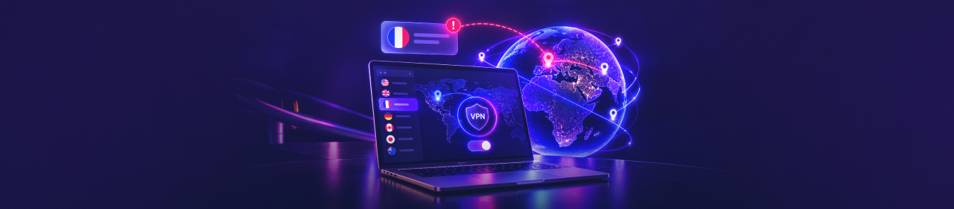 A laptop displaying a VPN connection interface beside a glowing digital globe with location markers and international server icons on a dark purple background.